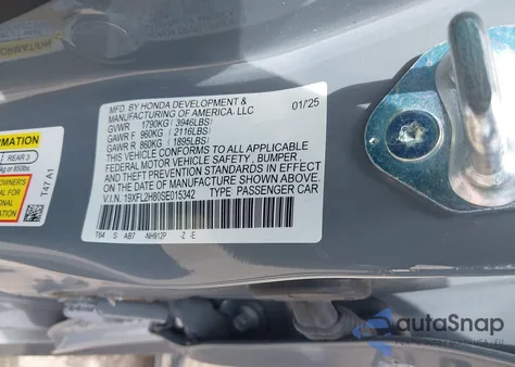 2025 Honda Civic Sport из США, поврежденный, VIN 19XFL2H80SE015342